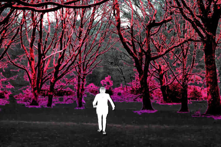 Micko all in white runs through a psychedelic forest of pink trees and dark ground.